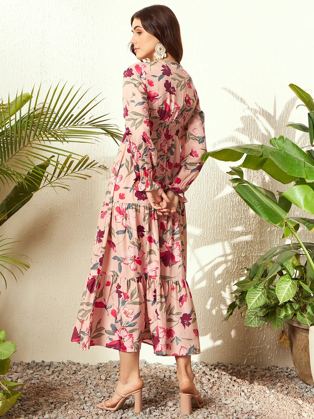 Berrylush Women Pink & Red Floral Printed V-Neck Bishop Sleeve Woven Layered Maxi Dress