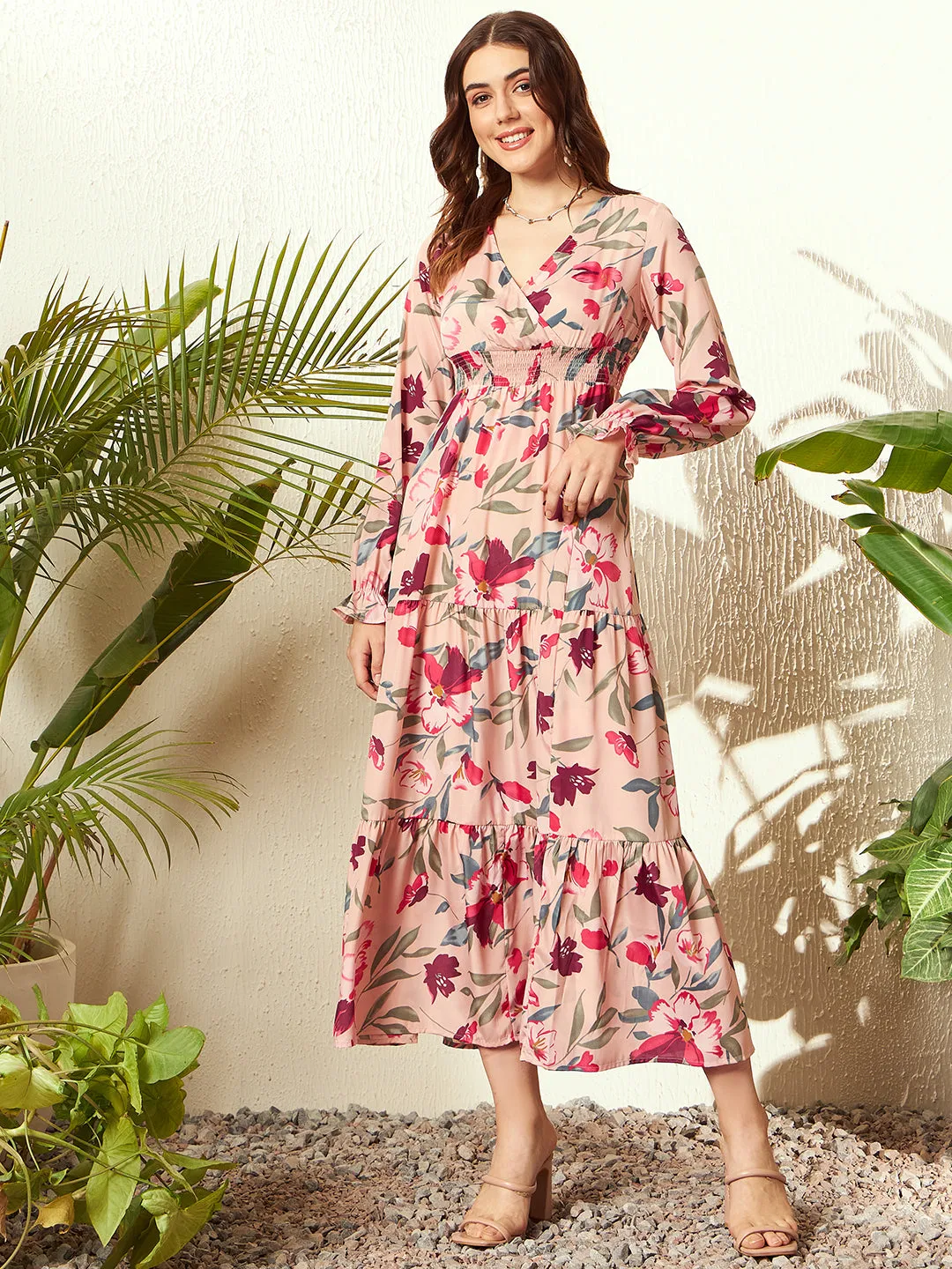 Berrylush Women Pink & Red Floral Printed V-Neck Bishop Sleeve Woven Layered Maxi Dress