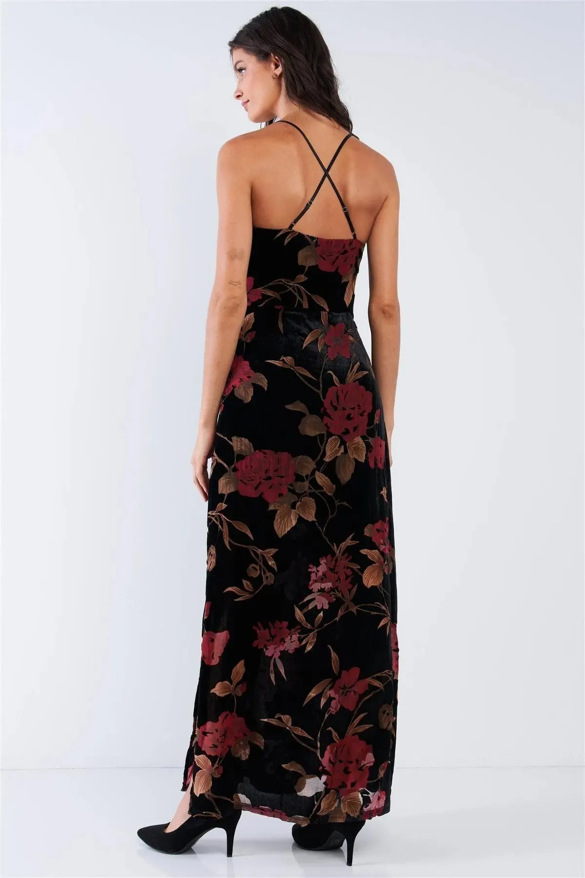 Black Velvet Multi Color Floral Print V-Neck Criss-Cross Back Straps Maxi Dress /3-1-2