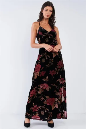 Black Velvet Multi Color Floral Print V-Neck Criss-Cross Back Straps Maxi Dress /3-1-2