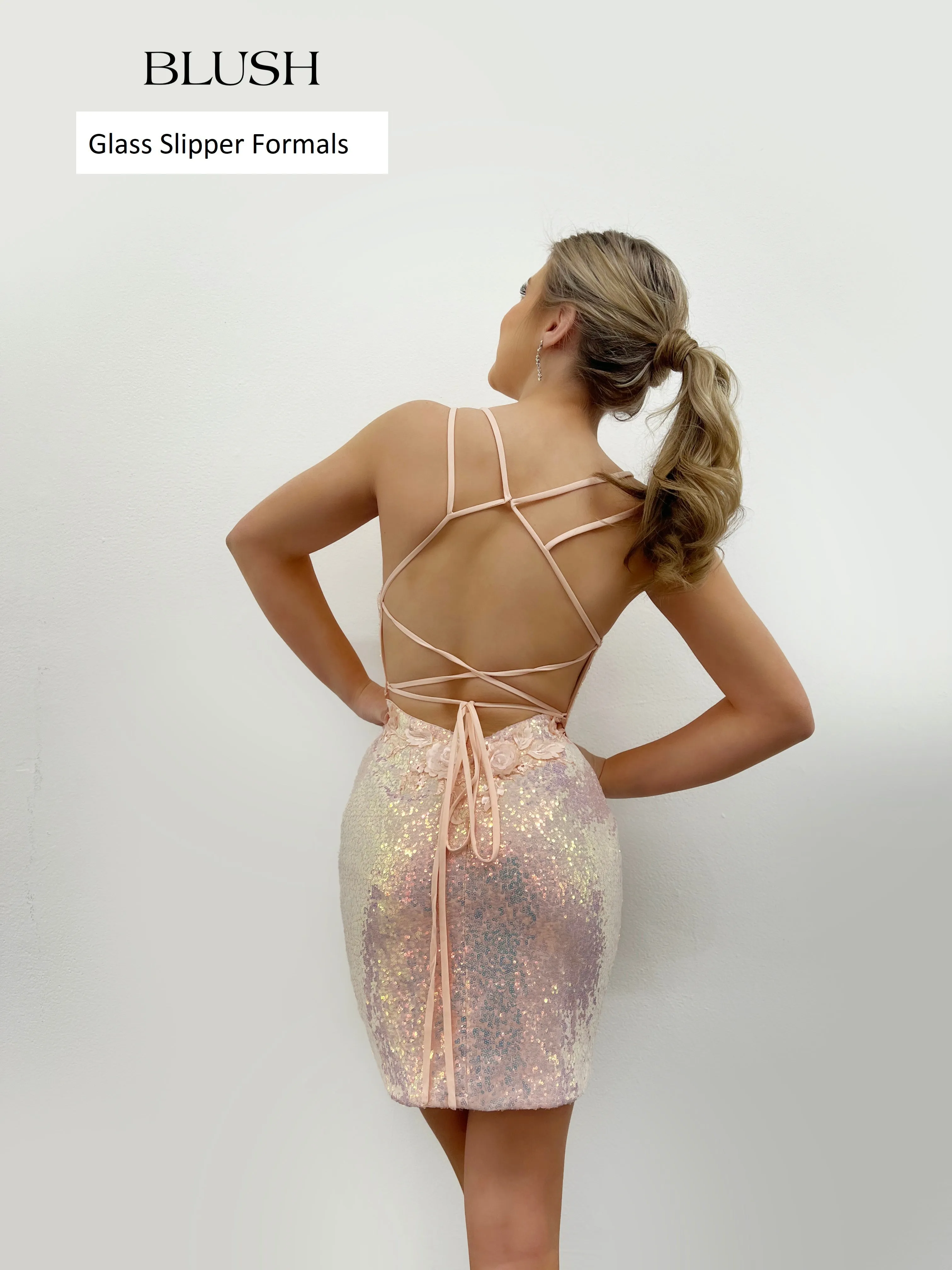 Blush Prom 20413 Size 2 Short Fitted Sequin 3D Flower Cocktail Dress Formal Backless Gown