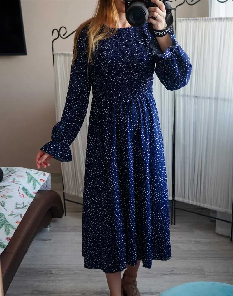 Boho Midi Dress, Amelia Blue Polka Dot