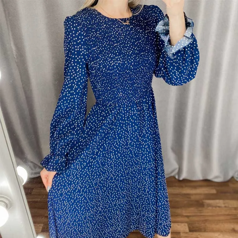 Boho Midi Dress, Amelia Blue Polka Dot