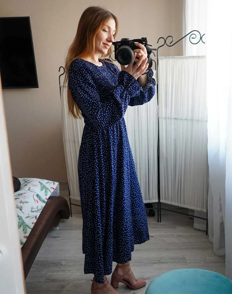 Boho Midi Dress, Amelia Blue Polka Dot