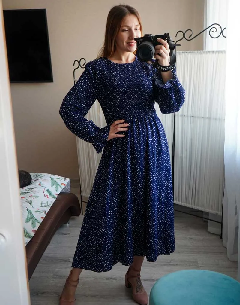 Boho Midi Dress, Amelia Blue Polka Dot