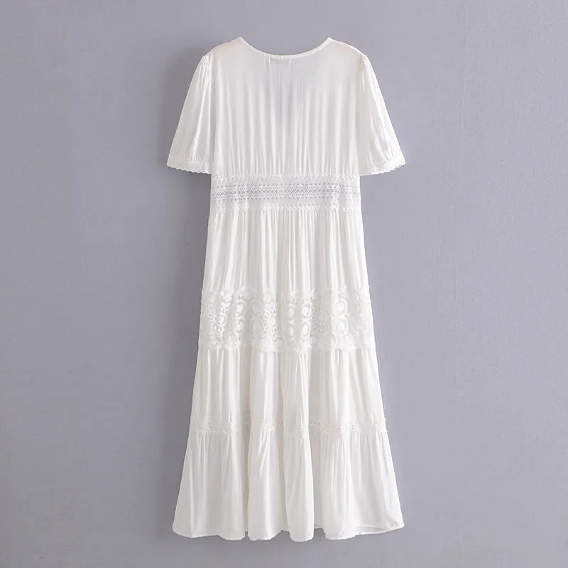 Boho Midi Dress, Embroidered Dress, Victoria White Lace