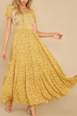 Boho Midi Dress, Off  Shoulder Smocked Dress, Yellow Daisy Garden