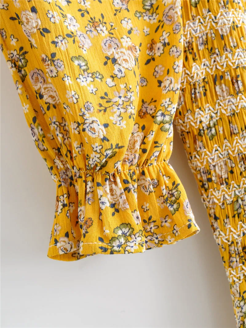 Boho Midi Dress, Off  Shoulder Smocked Dress, Yellow Daisy Garden