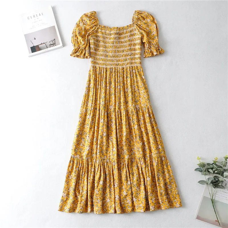 Boho Midi Dress, Off  Shoulder Smocked Dress, Yellow Daisy Garden