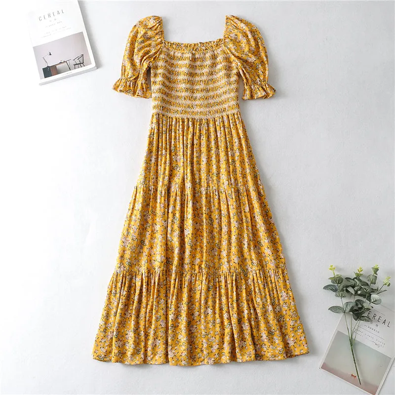 Boho Midi Dress, Off  Shoulder Smocked Dress, Yellow Daisy Garden
