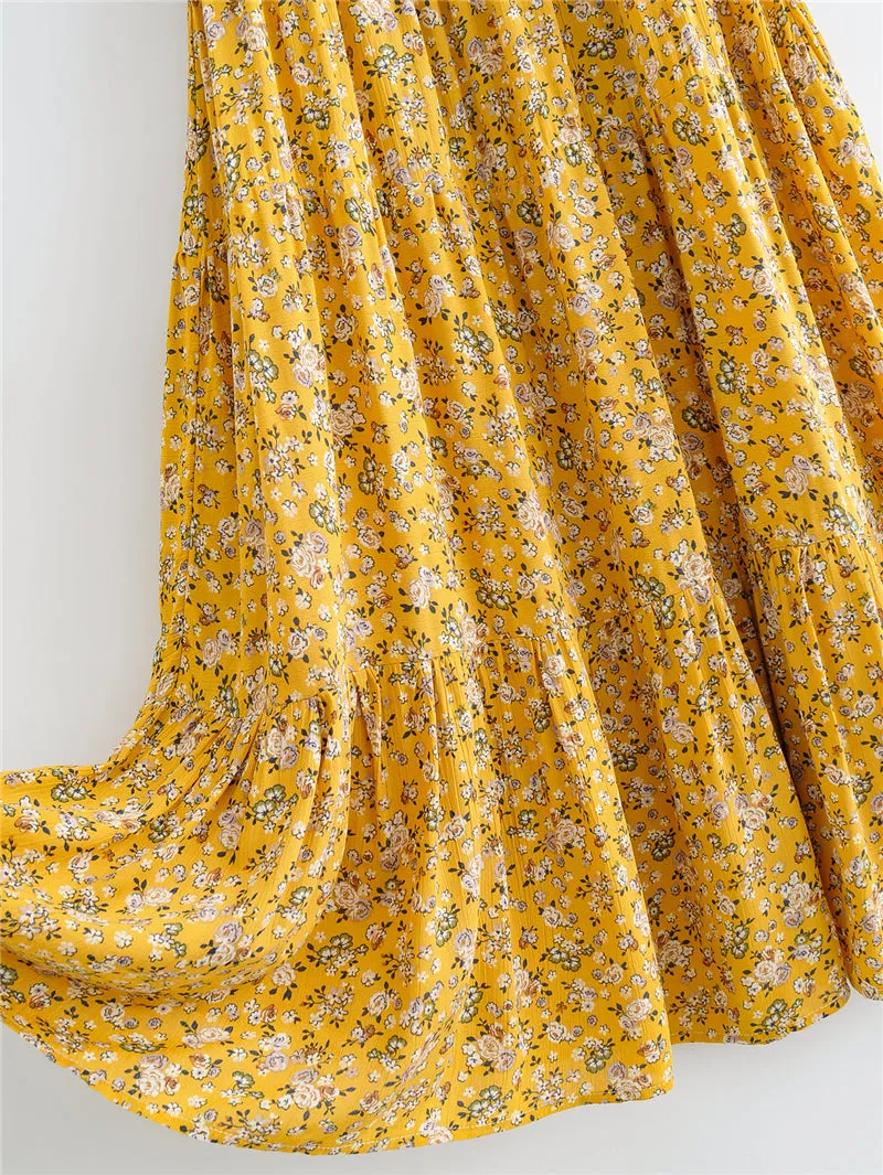 Boho Midi Dress, Off  Shoulder Smocked Dress, Yellow Daisy Garden