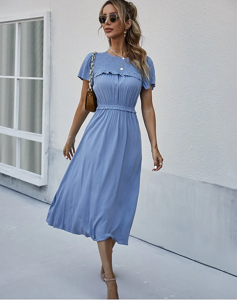 Boho Midi Dress, Ruffle Grace in Blue