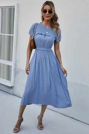 Boho Midi Dress, Ruffle Grace in Blue