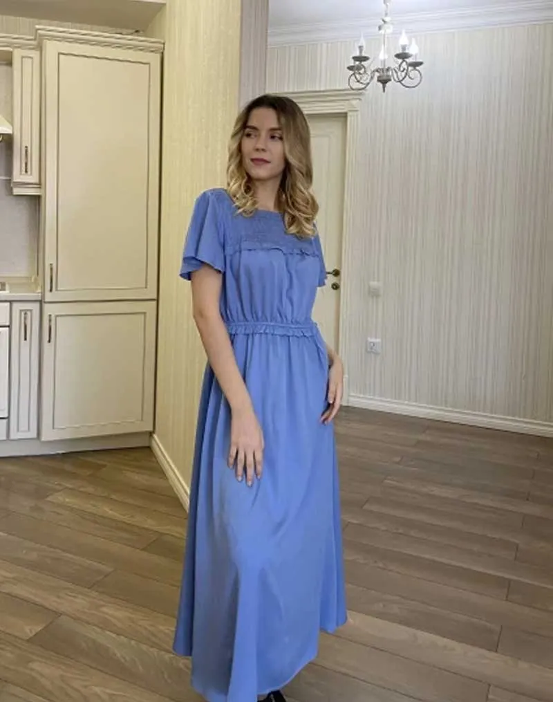 Boho Midi Dress, Ruffle Grace in Blue