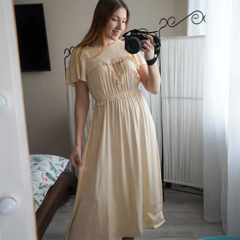 Boho Midi Dress, Ruffle Grace in Ivory