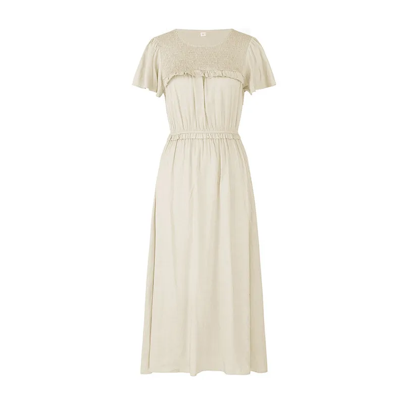 Boho Midi Dress, Ruffle Grace in Ivory