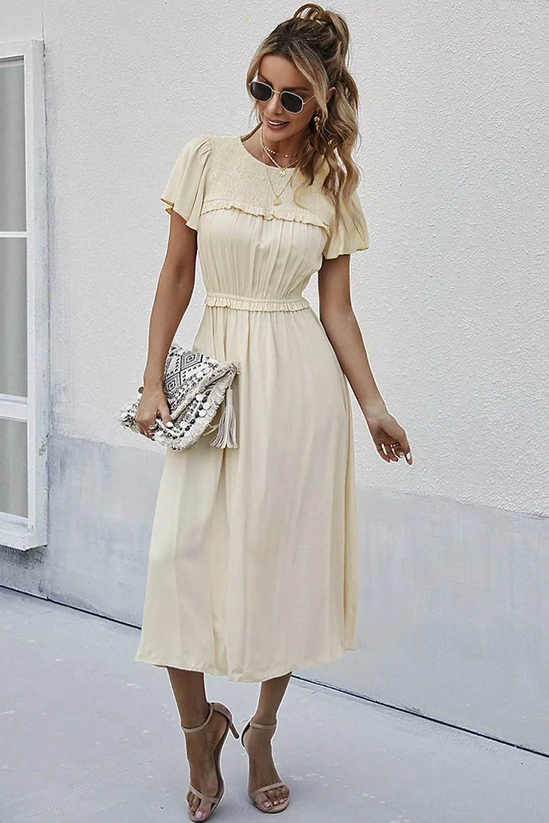 Boho Midi Dress, Ruffle Grace in Ivory
