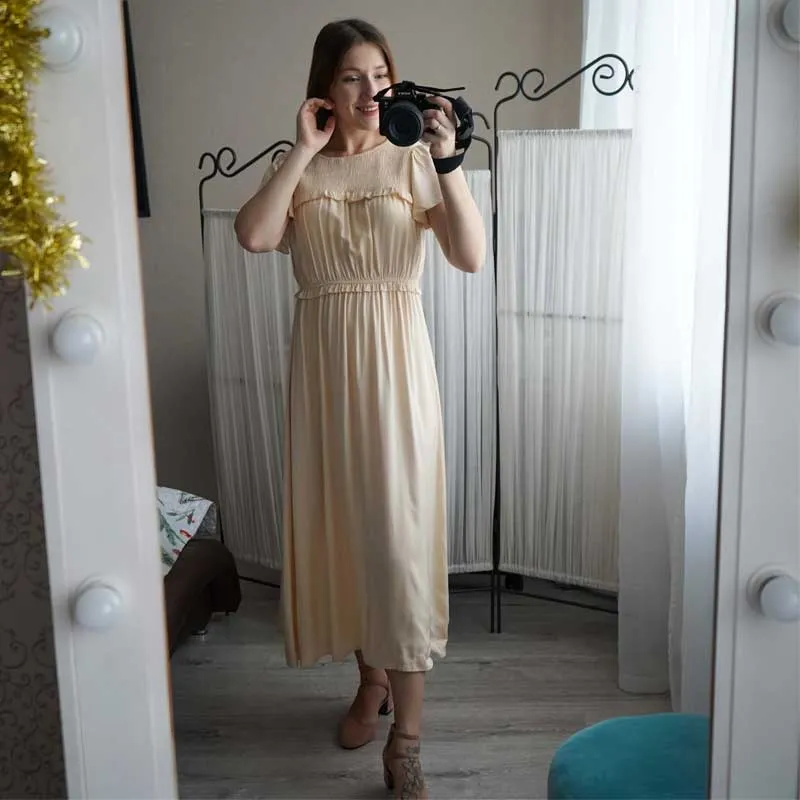 Boho Midi Dress, Ruffle Grace in Ivory