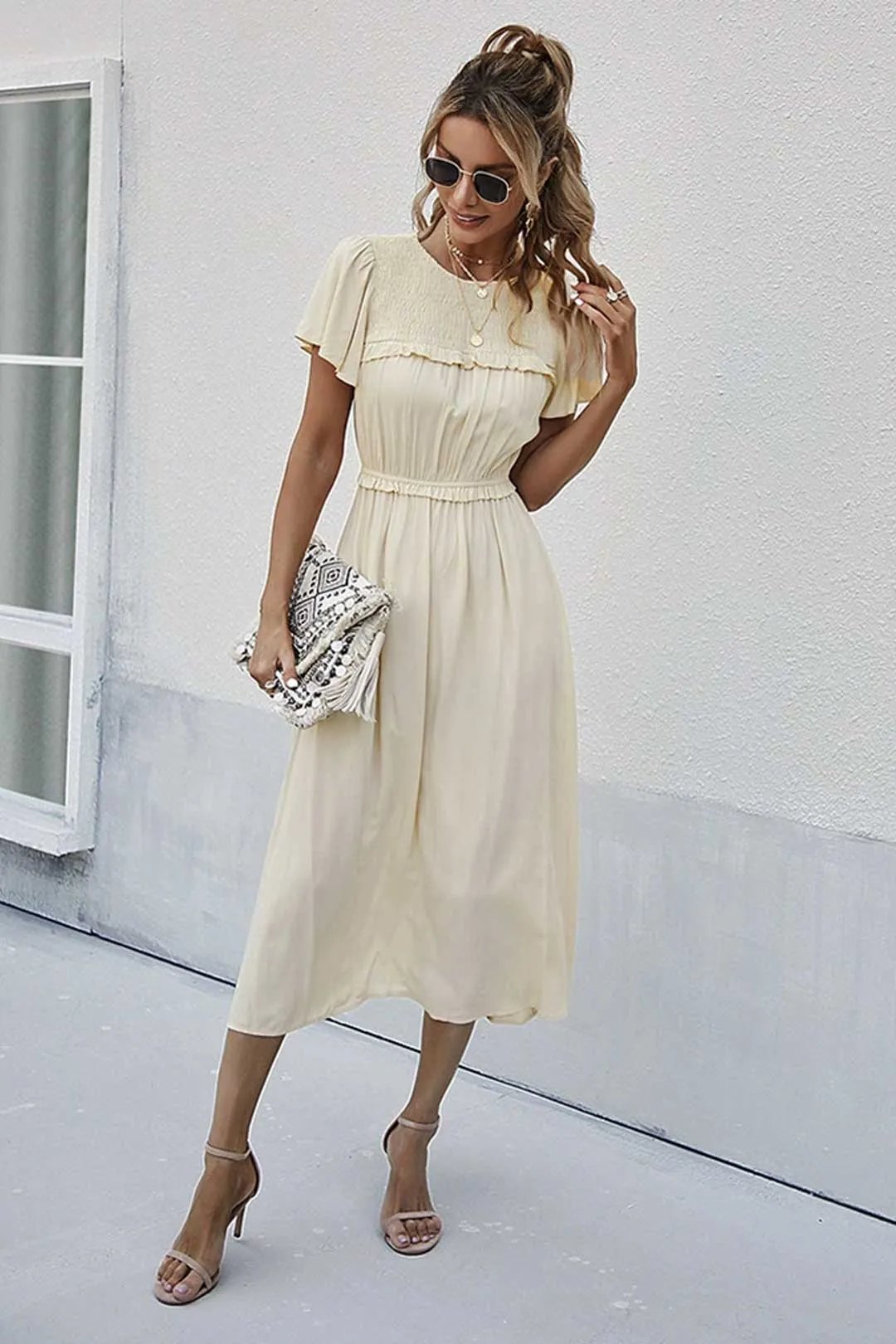 Boho Midi Dress, Ruffle Grace in Ivory