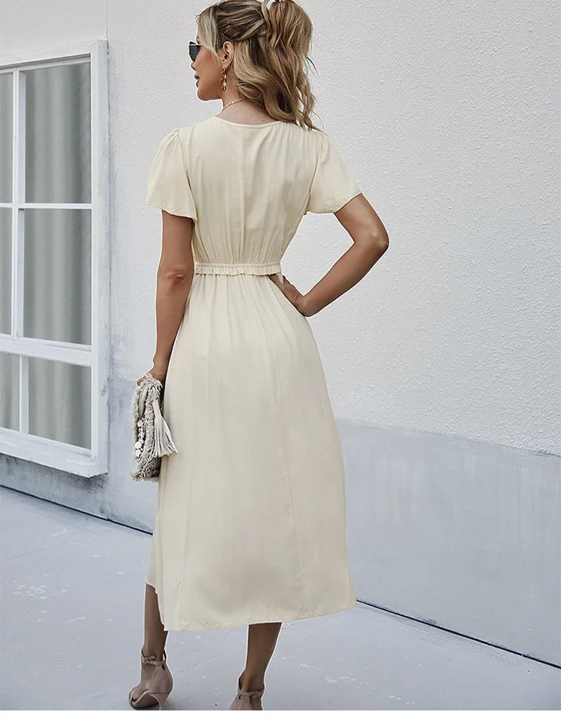 Boho Midi Dress, Ruffle Grace in Ivory