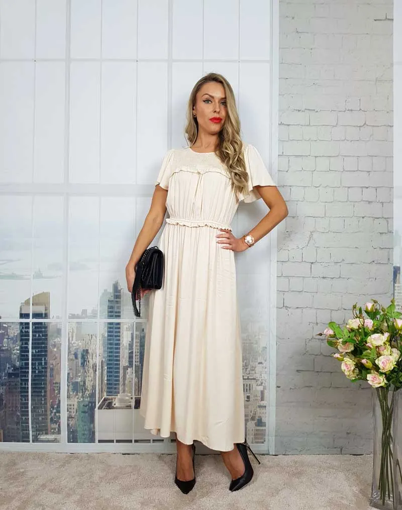Boho Midi Dress, Ruffle Grace in Ivory