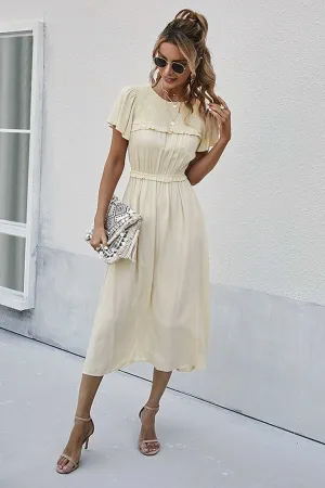 Boho Midi Dress, Ruffle Grace in Ivory