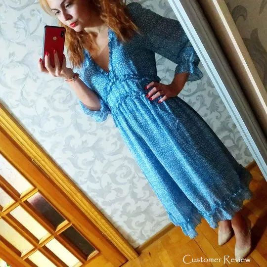 Boho Midi Dress, Ruffle Lillian Green