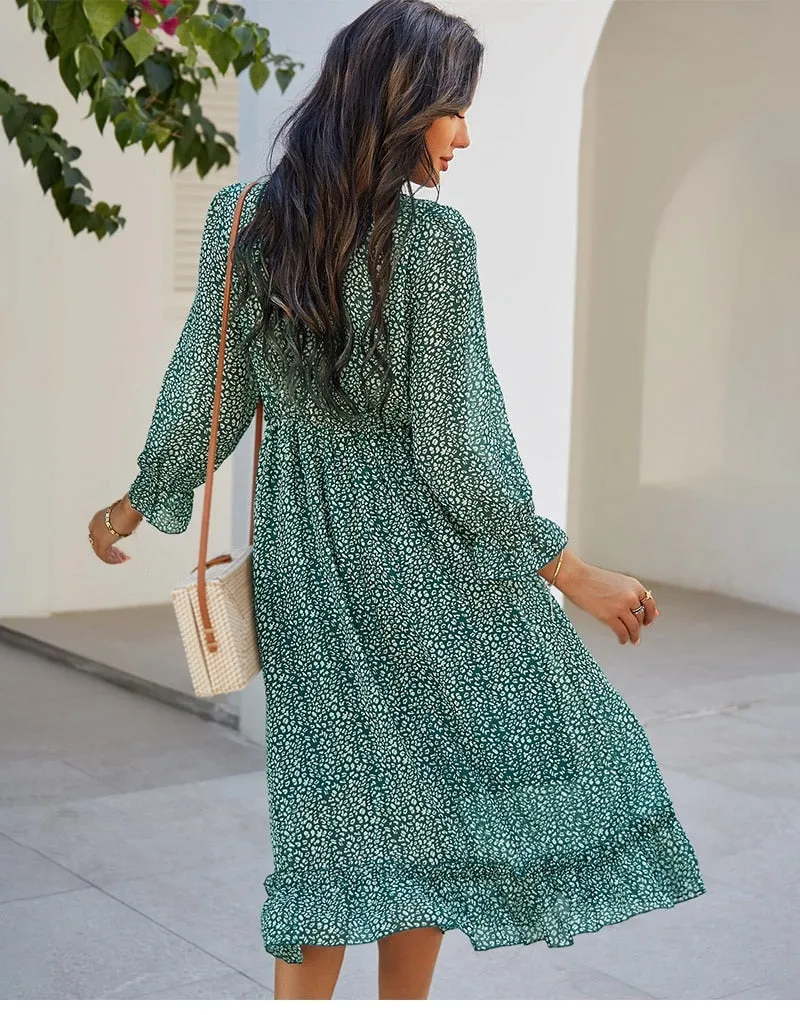 Boho Midi Dress, Ruffle Lillian Green