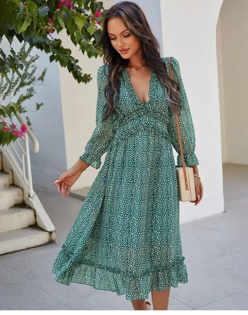 Boho Midi Dress, Ruffle Lillian Green