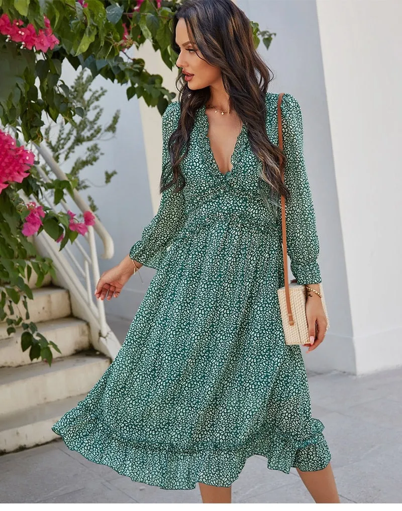 Boho Midi Dress, Ruffle Lillian Green