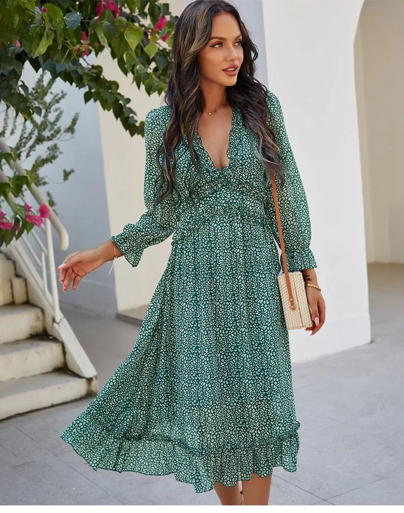 Boho Midi Dress, Ruffle Lillian Green