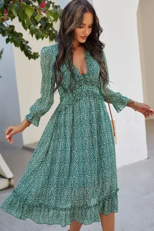 Boho Midi Dress, Ruffle Lillian Green