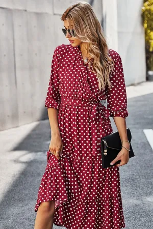 Boho Midi Dress, Ruffle Polka Dot in Red