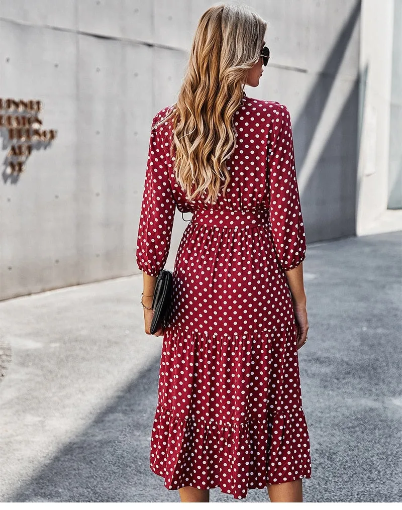 Boho Midi Dress, Ruffle Polka Dot in Red