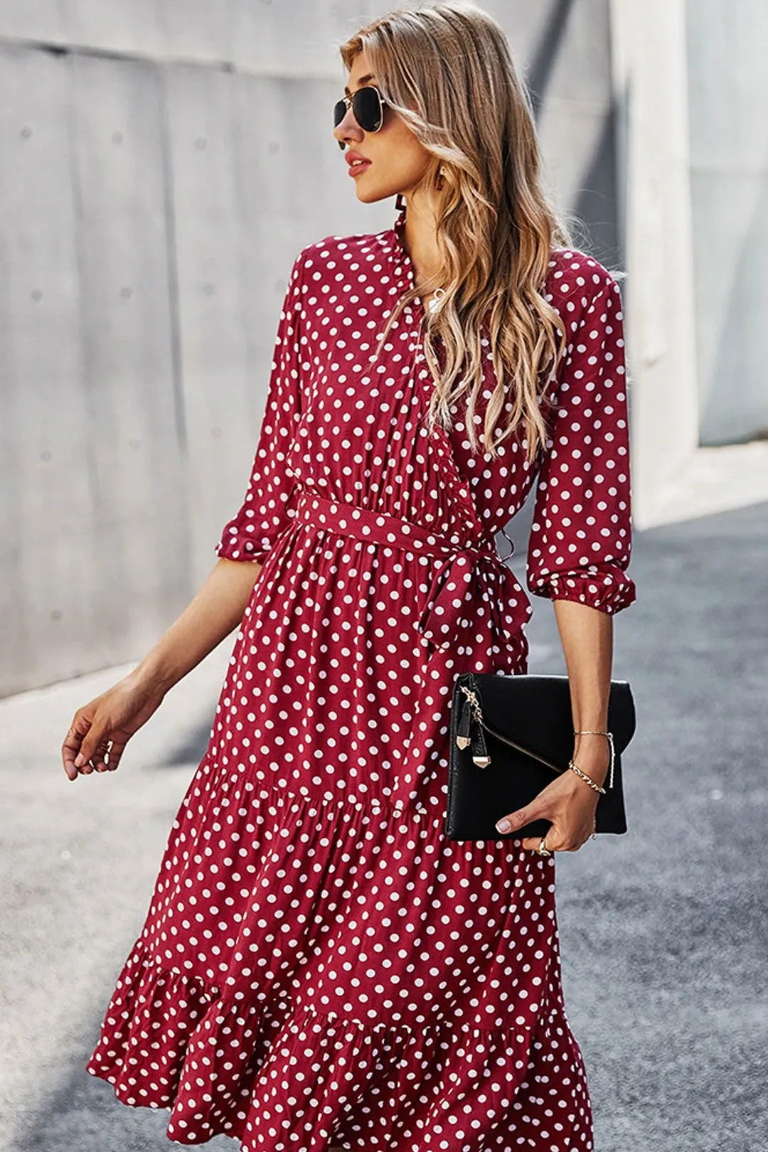 Boho Midi Dress, Ruffle Polka Dot in Red