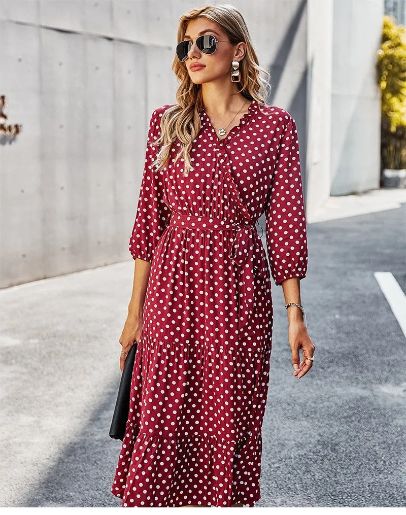 Boho Midi Dress, Ruffle Polka Dot in Red