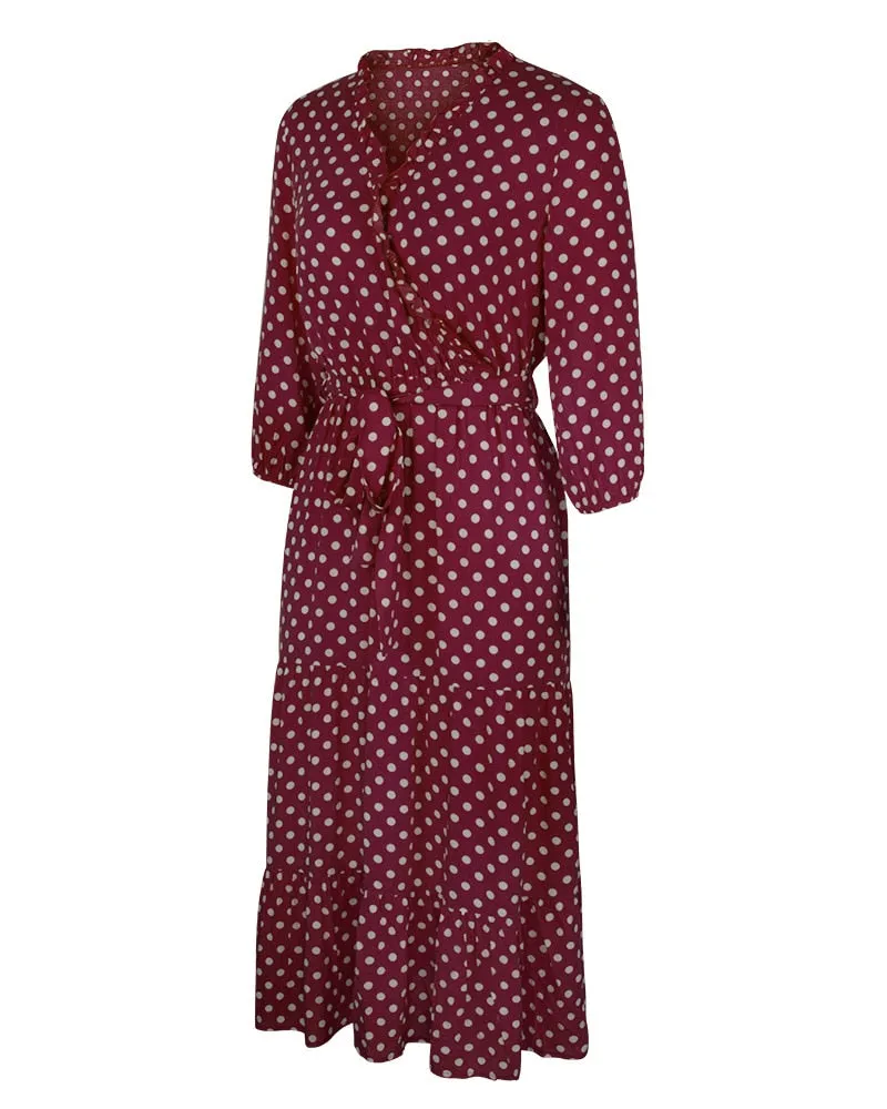 Boho Midi Dress, Ruffle Polka Dot in Red