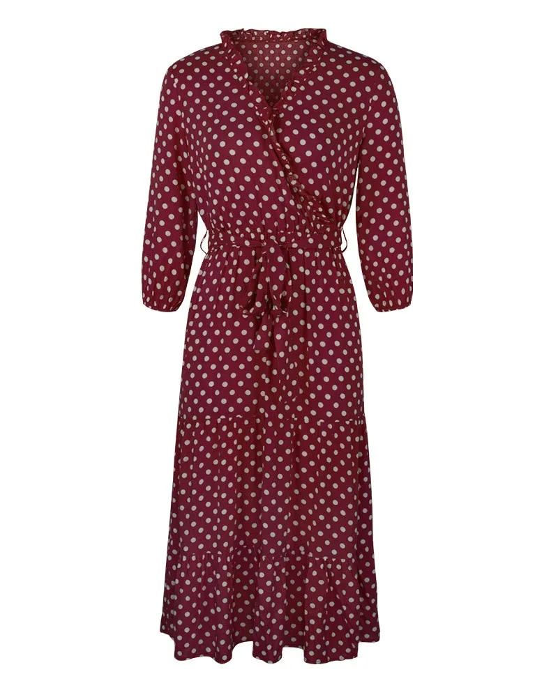 Boho Midi Dress, Ruffle Polka Dot in Red