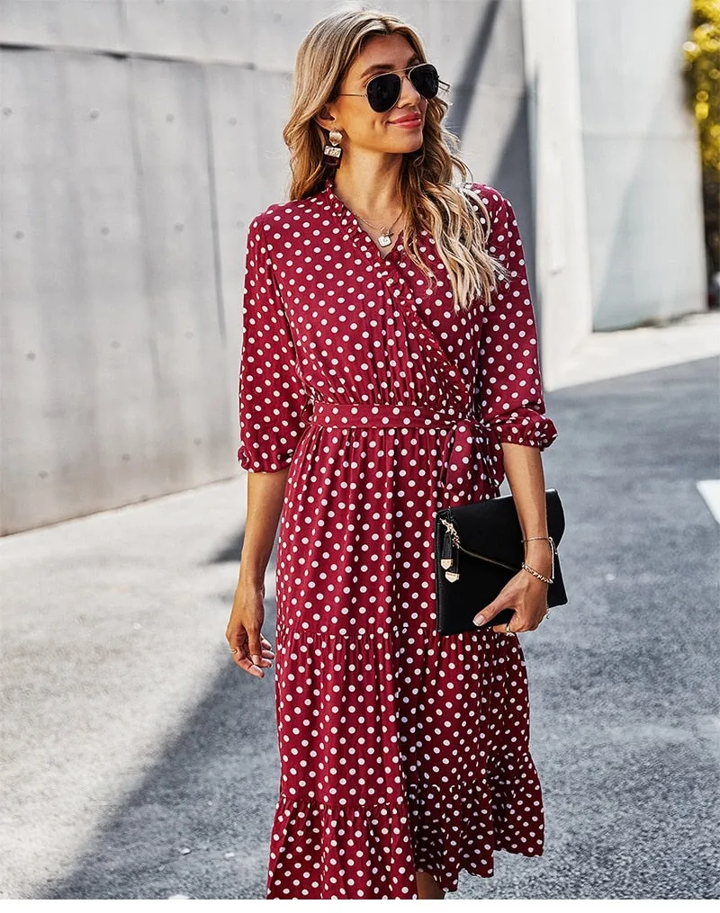 Boho Midi Dress, Ruffle Polka Dot in Red