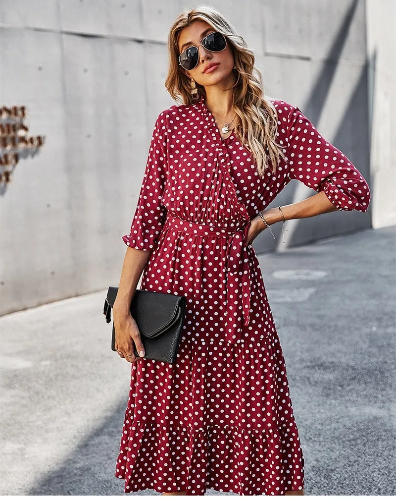 Boho Midi Dress, Ruffle Polka Dot in Red