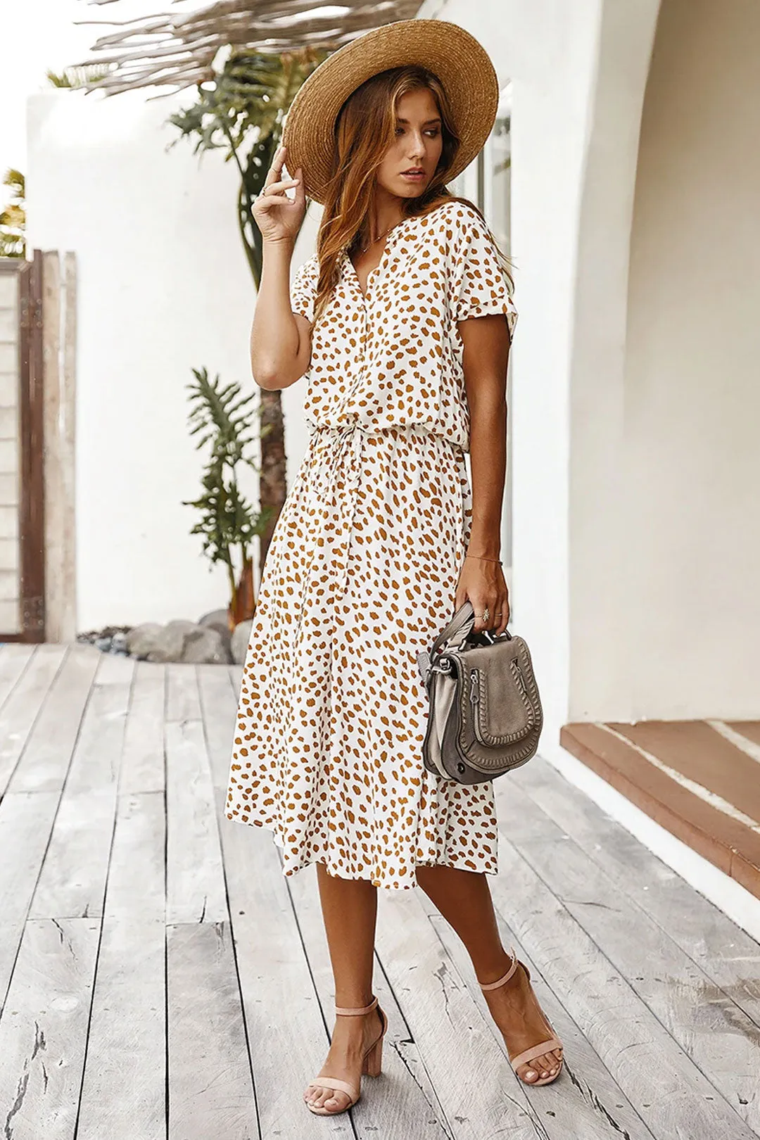 Boho Midi Dress,  Sundress, Quinn Polka Dot in White