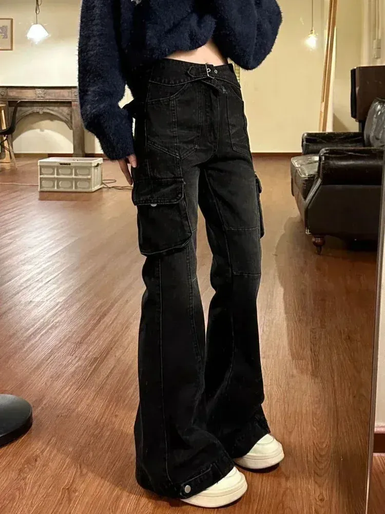 Bonnyshow Black Cargo Flare Jeans Women Streetwear Vintage Baggy Korean High Waist Denim Pants Y2k Causal Kpop Wide Leg Trousers