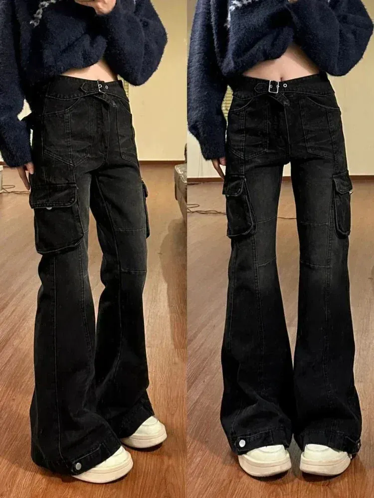 Bonnyshow Black Cargo Flare Jeans Women Streetwear Vintage Baggy Korean High Waist Denim Pants Y2k Causal Kpop Wide Leg Trousers