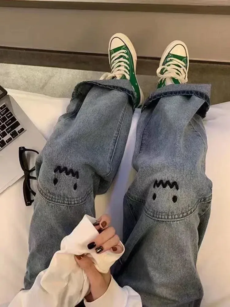 Bonnyshow Ins Ladies Jeans Personality Letter Jeans Hip Hop Tide Street Trend Ruffian Handsome Trousers High Waisted Wide Leg Pants