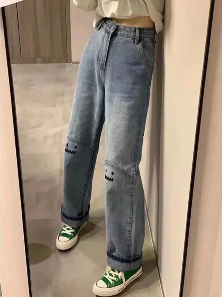 Bonnyshow Ins Ladies Jeans Personality Letter Jeans Hip Hop Tide Street Trend Ruffian Handsome Trousers High Waisted Wide Leg Pants