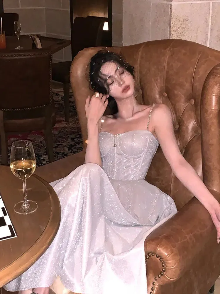 Bonnyshow  Sleeveless Elegant Strap Midi Dress Women Summer Casual Evening Party Formal Dress Female Korea Fashion Vintage Fairy Dress