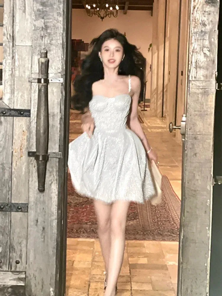 Bonnyshow  Sleeveless Elegant Strap Midi Dress Women Summer Casual Evening Party Formal Dress Female Korea Fashion Vintage Fairy Dress
