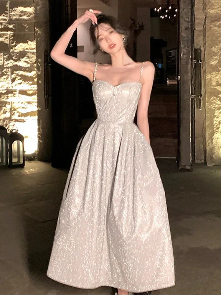 Bonnyshow  Sleeveless Elegant Strap Midi Dress Women Summer Casual Evening Party Formal Dress Female Korea Fashion Vintage Fairy Dress