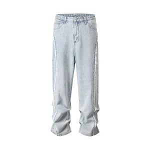 Bonsir Side Striped Washed Ripped Blue Jeans for Men and Women Streetwear Baggy Casual Denim Trousers Straight Light Blue Cargo Pants
