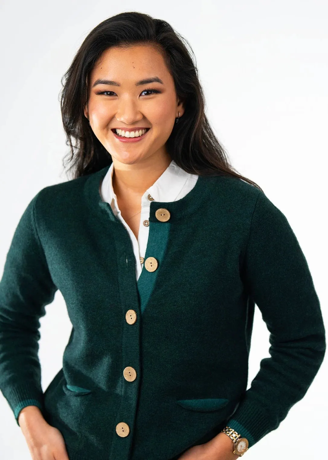 Cashmere and Merino Pocket Cardigan | Green Melange